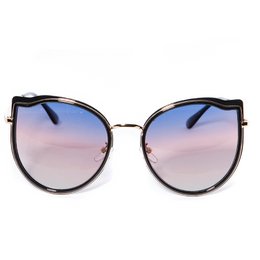 Round sunglasses black gold frame blue pink gradient lenses oversized cat-eye style