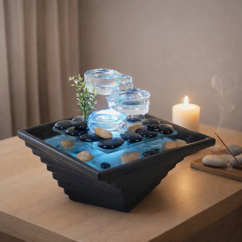 Indoor Fountain - Himalaya - Crystal Line in Glass and Ceramic - Meditation Decoration - White Light - Decorative Gift Idea