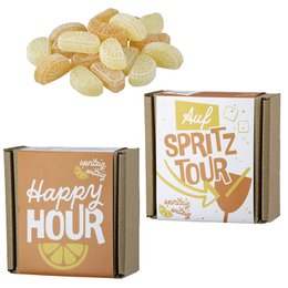 Citrus-flavored bonbons, orange and white packaging, happy hour spritz tour theme, gift set.