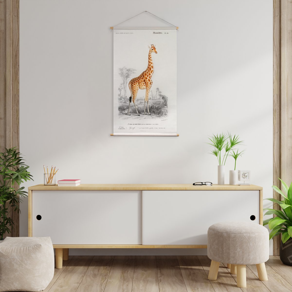 Póster textil con cordón de cuero - Ilustración Jirafa D'Orbigny 65x45 cm - paño de pared