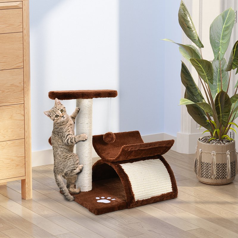 Scratching post 43 cm small cat tree with tunnel, U-shaped lying surface, cat scratching post with scratching board, play ball, cat furniture for small cats, brown