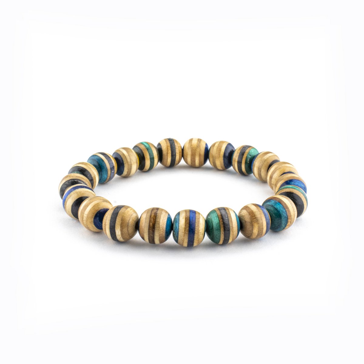 Recycled Skateboards strechable bracelet - blue, 10mm beads, unisex