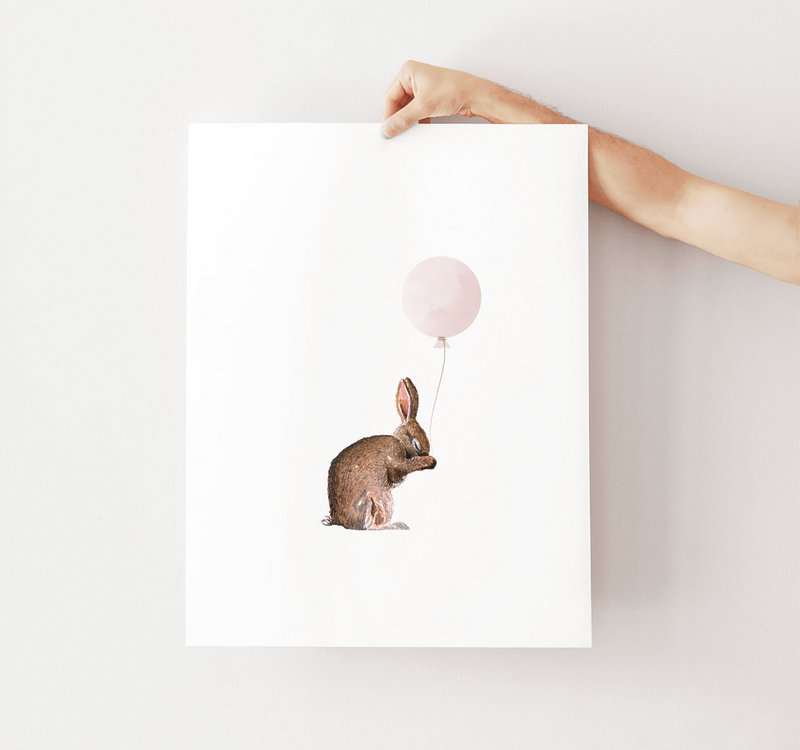 Bunny with pink balloon poster, bunny poster, balloon poster, cute bunny poster, pink girls room poster, cute bunny print, girls nursery art print, girls room