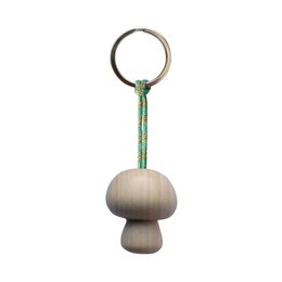 Wooden mushroom shaped keychain with stainless steel ring, natural wood finish, tropical style pendant.