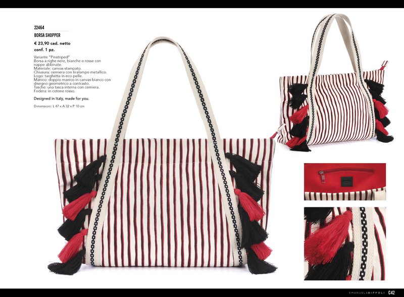SHOPPER BAG WITH RED/BLACK STRIPES AND TASSELS