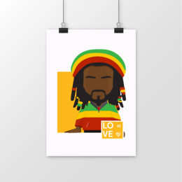Vibrant poster featuring a stylized portrait of a man with dreadlocks and a rasta-inspired color scheme. The text "LOVE" is prominently displayed, conveying a message of positivity and unity.