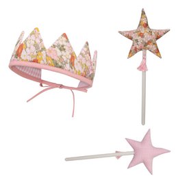 Floral patterned princess crown and star wands for girls' dress-up, fairy carnival costume, and birthday party accessories.