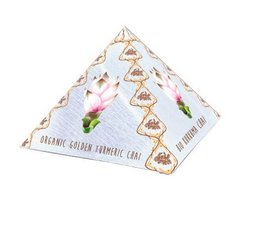 Organic turmeric (curcuma) chai tea in a box of 50 tea bags. The box features a pyramid shape and colorful floral and geometric patterns.