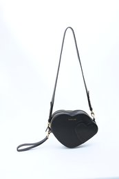 Black heart-shaped handbag with adjustable strap and zipper closure.