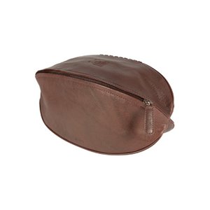 K0011BB | Beauty Case „Rugbyball“ aus echtem Leder – Farbe: Dunkelbraun – Innenliegendes Gummiband zum Halten von Flaschen – Reißverschluss – Maße: 35 x 14 x 14 cm – Verpackung: TNT-Tasche