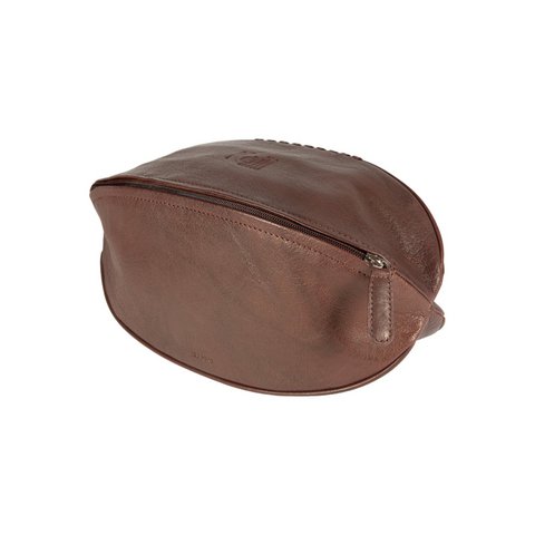 K0011BB | Beauty Case "Rugby Ball" in Genuine Leather - Color: Dark Brown - Internal elastic to hold bottles - Zip closure - Dimensions: 35 x 14 x 14 cm - Packaging: TNT bag