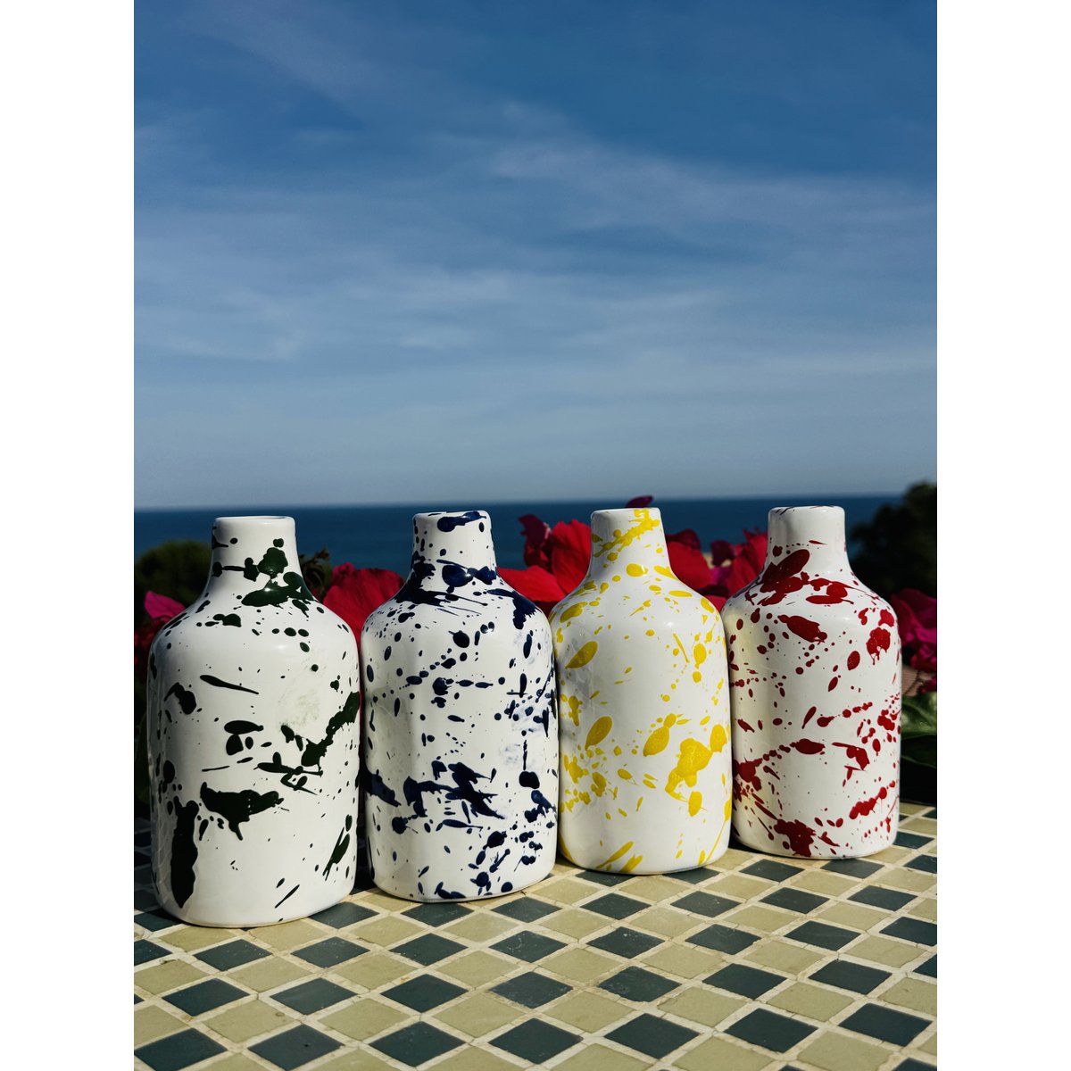 Handgemachte Ölflasche Ölspender Ölkännchen Keramikflasche "Schizzata" für Olivenöl & Essig aus Italien