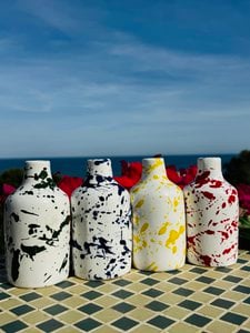 Handgemachte Ölflasche Ölspender Ölkännchen Keramikflasche "Schizzata" für Olivenöl & Essig aus Italien