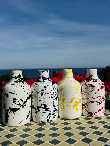 Handgemachte Ölflasche Ölspender Ölkännchen Keramikflasche "Schizzata" für Olivenöl & Essig aus Italien