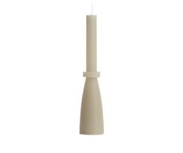  Tall cone-shaped pillar candle, beige linen color, minimalist sculptural design, elegant tapered form