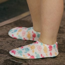 Colorful kids water shoes with cute crabs, jellyfish, starfish sea creatures print design.
