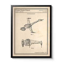  Star Wars B-Wing Starfighter patent poster, vintage technical drawing style, black and white illustration of the iconic sci-fi spacecraft.