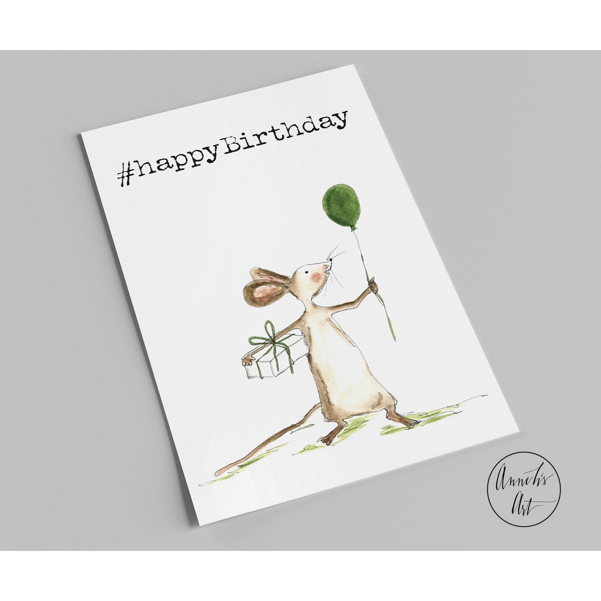 Ansichtkaart | verjaardagskaart | %23gelukkige verjaardag | Muis met cadeau en ballon