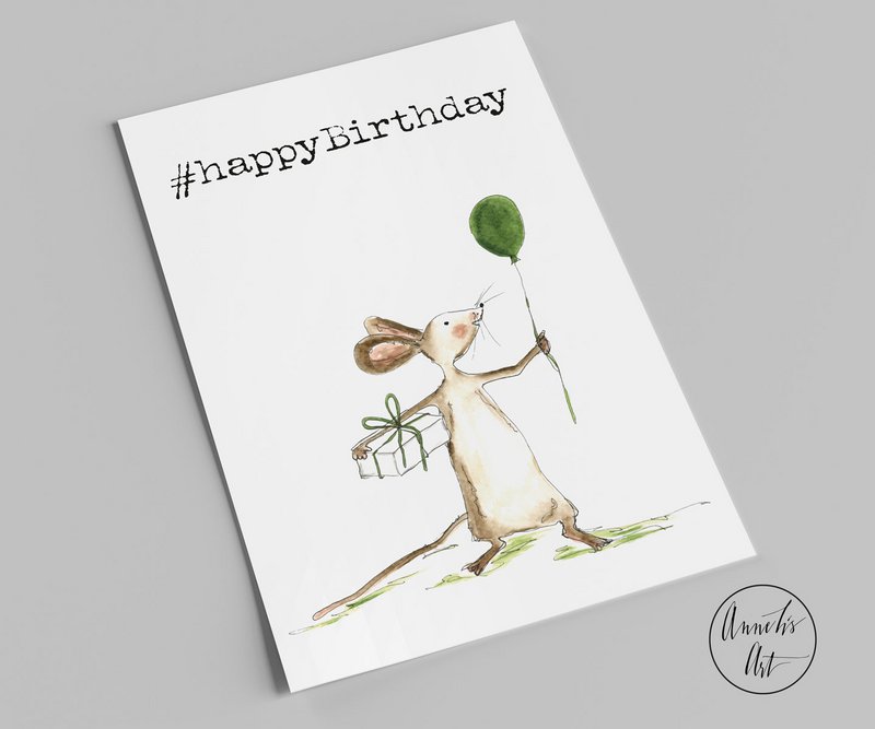 Ansichtkaart | verjaardagskaart | %23gelukkige verjaardag | Muis met cadeau en ballon
