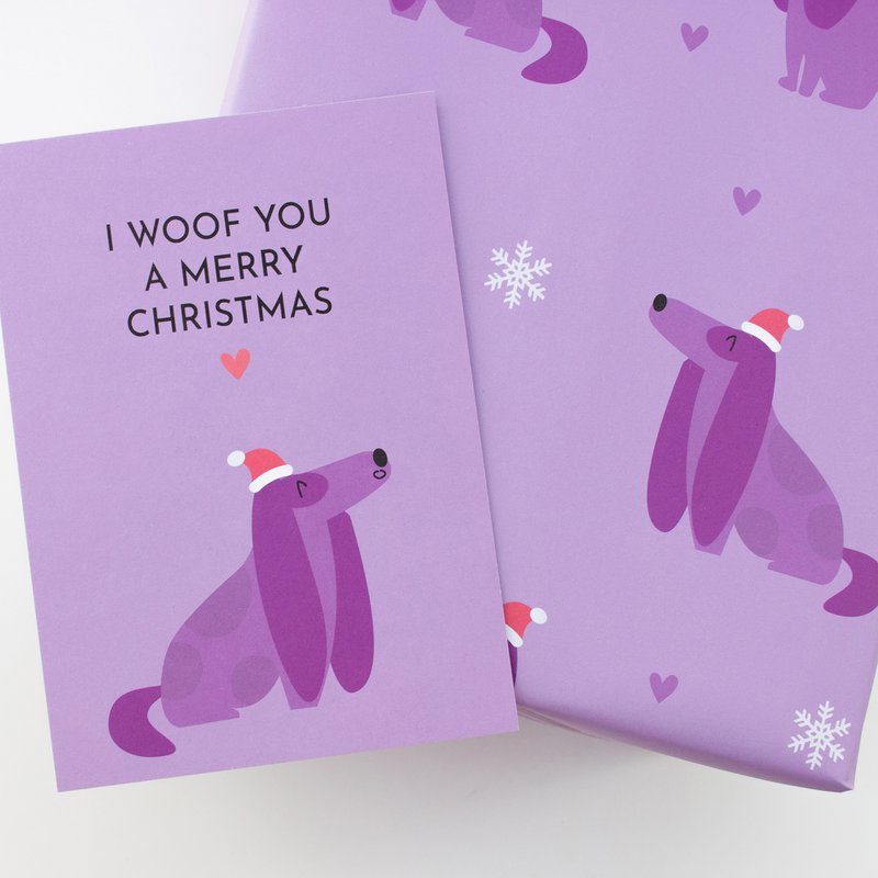 Świąteczny papier do pakowania z pieskiem „Christmas Dogs” w kolorze fioletowym