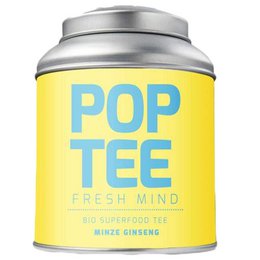 A tin canister containing fresh mint ginseng tea. The canister is yellow with the text "POP TEE" printed in blue.