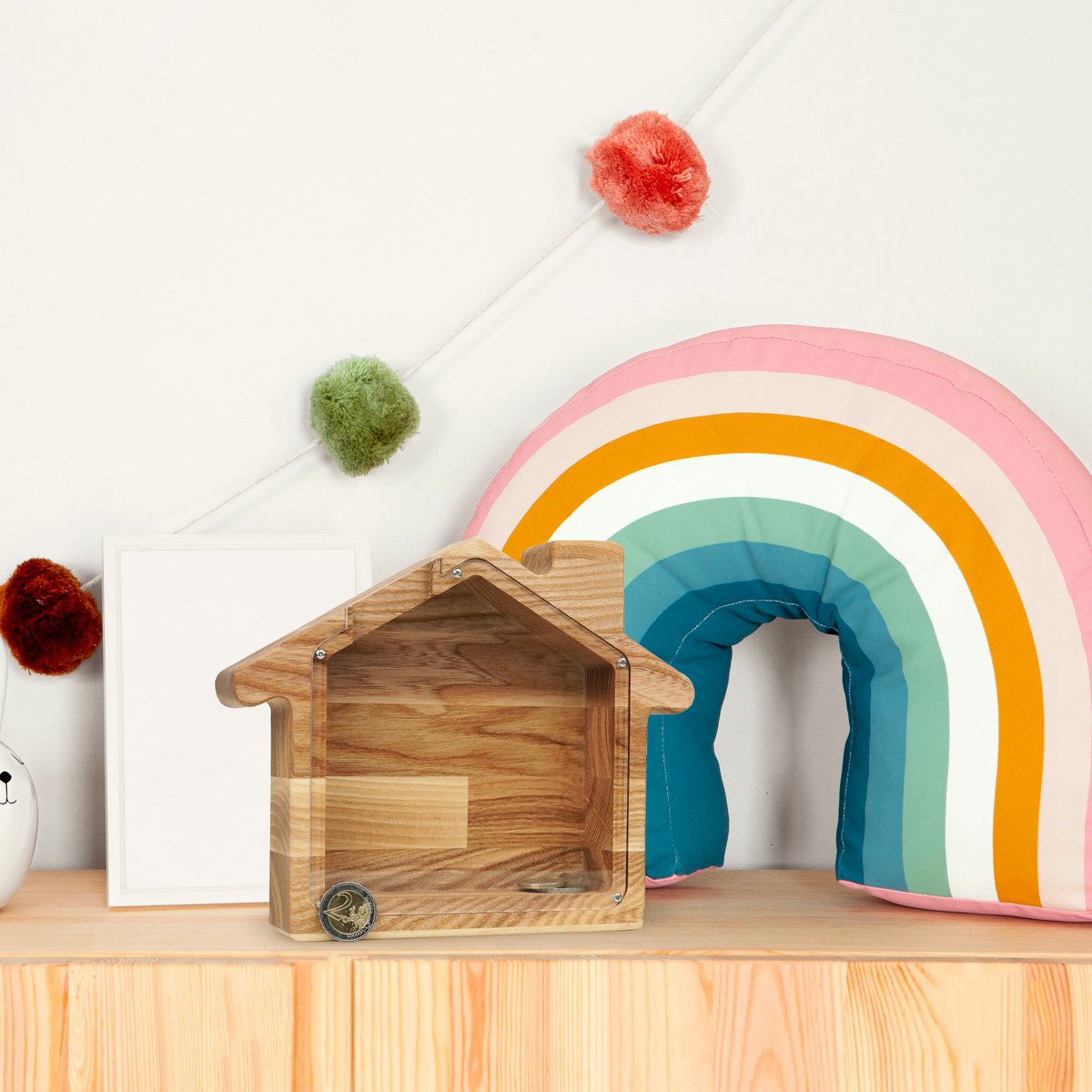 Sparschwein aus Holz, Spardose in Hausform
