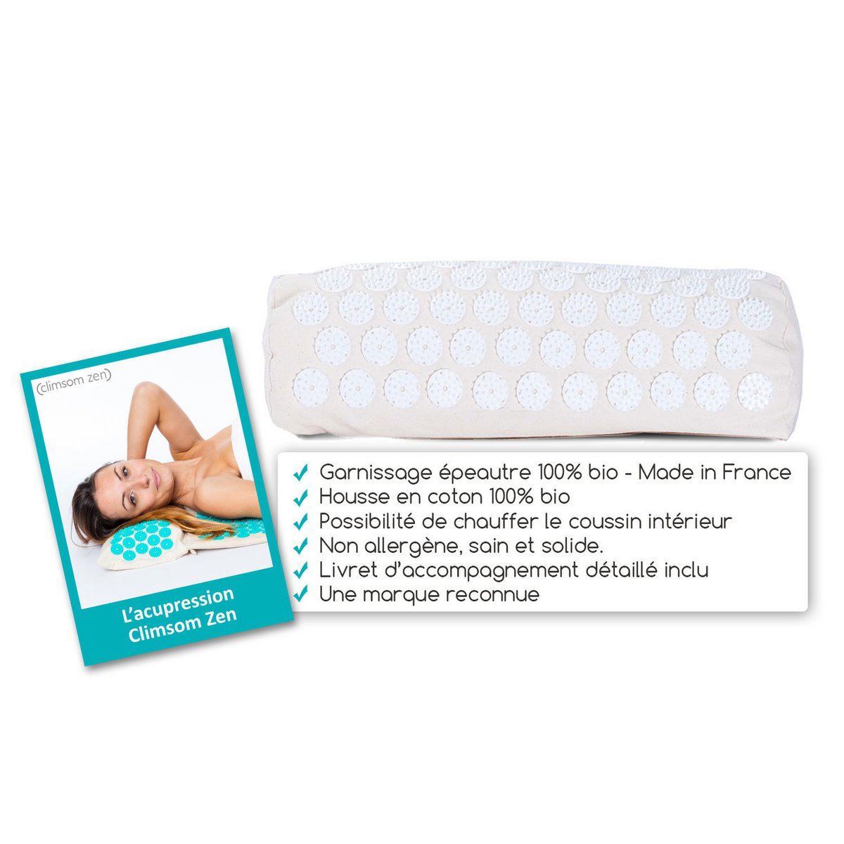 Coussin d'acupression et de thermothérapie, textiles et garnissages 100% bio Climsom Zen