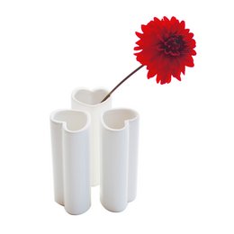 A set of white ceramic vases holding a vibrant red dahlia flower. The vases have a simple, minimalist design that allows the focus to be on the striking red flower.