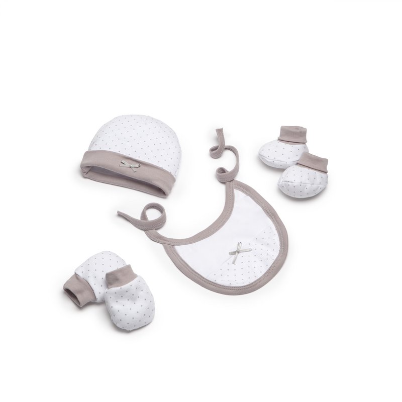 ENSEMBLE 4 PIÈCES (CHAPEAU+GANTS+BAVOIR+CHAUSSETTES) POUR NOUVEAU-NÉ (0-6 MOIS) - 100% COTON - MOD. BEIGE