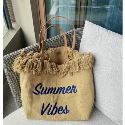 Sac fourre-tout en toile grande capacité avec lettres brodées, sac à main pour femme, sac de plage tissé, sac à bandoulière