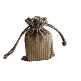 Taupe-colored gauze drawstring bag, approximately 12.5 x 8 cm in size, suitable for storing jewelry or other small items.