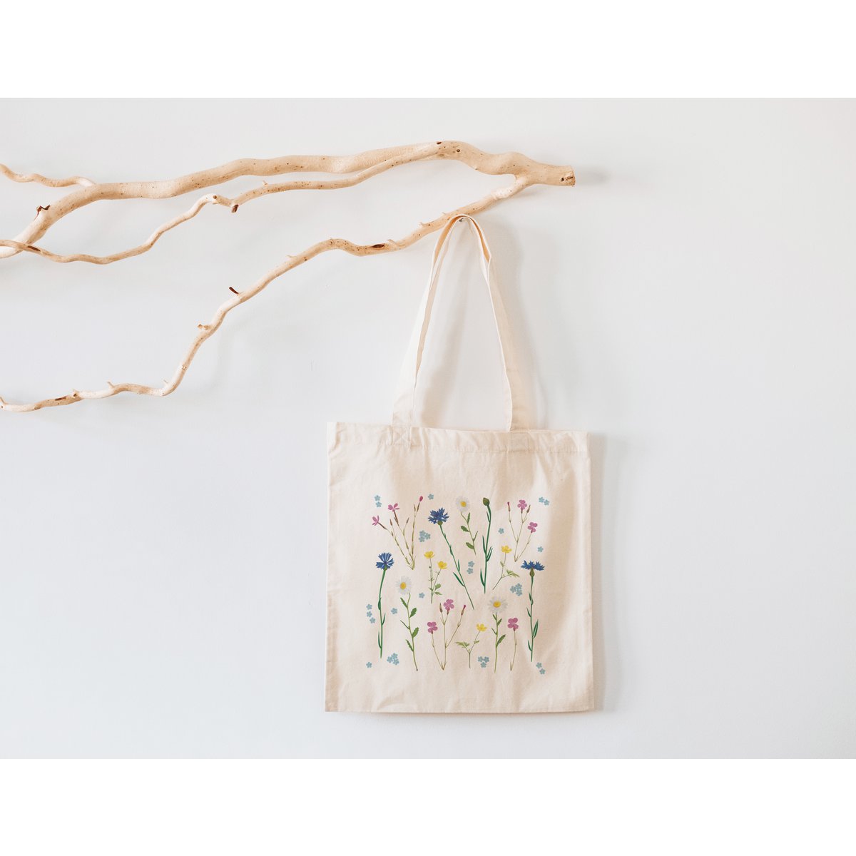 Fleurs de sac de jute, sac en coton avec imprimé à fleurs sauvages, sac à provisions durable