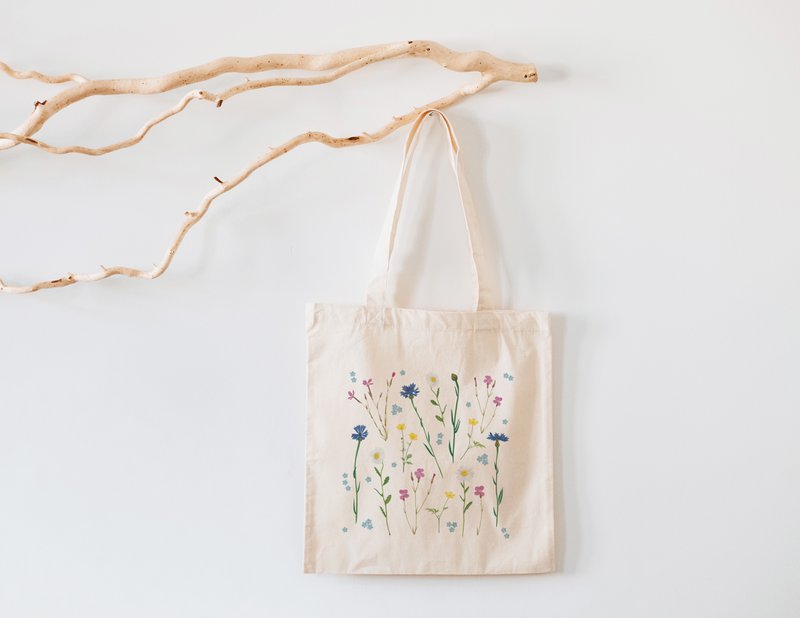 Jutebeutel Blumen, Baumwolltasche mit Wildblumen Print, Einkaufstasche nachhaltig