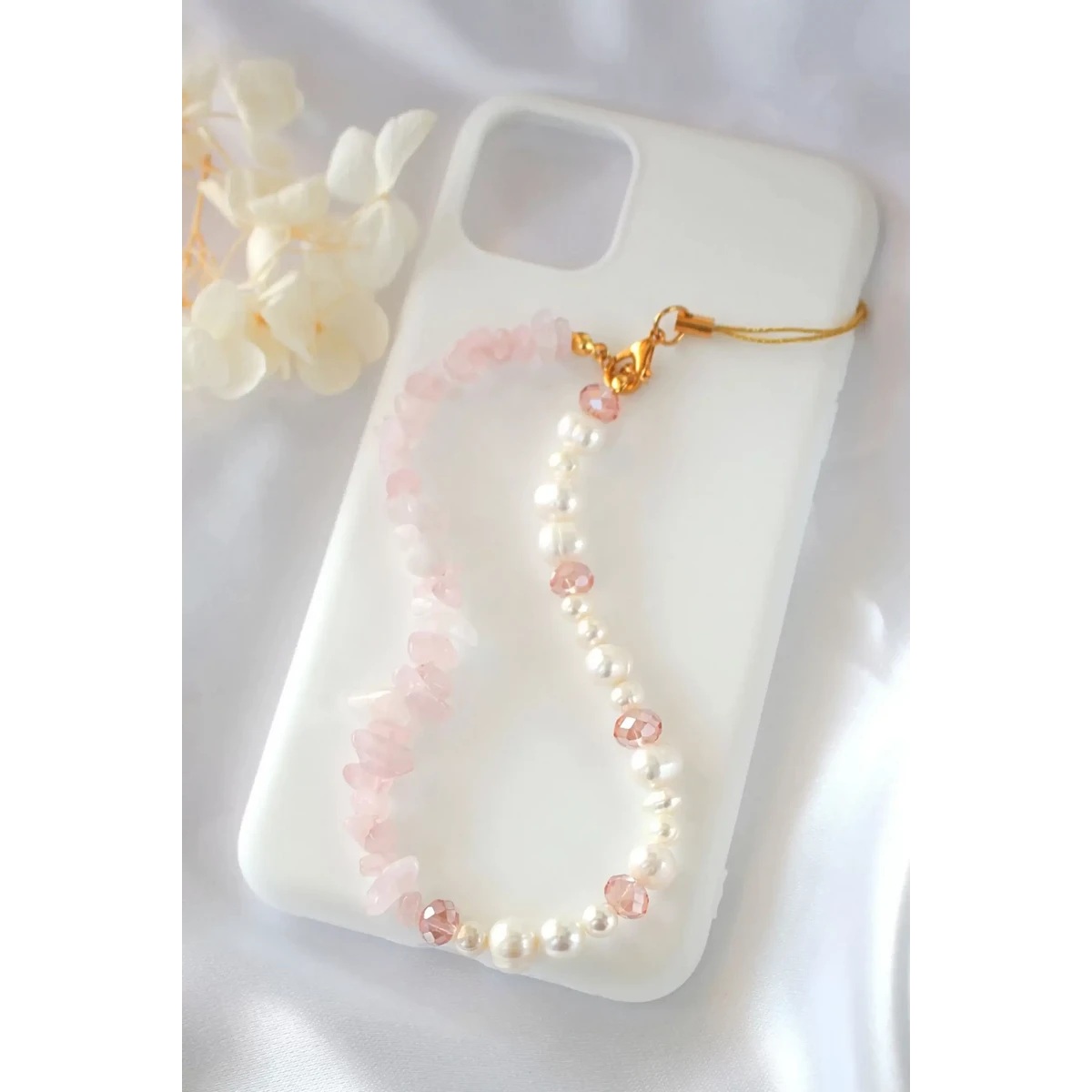 "Rose Babe" | Rozenkwarts en zoetwaterparels Duo telefoonkoord