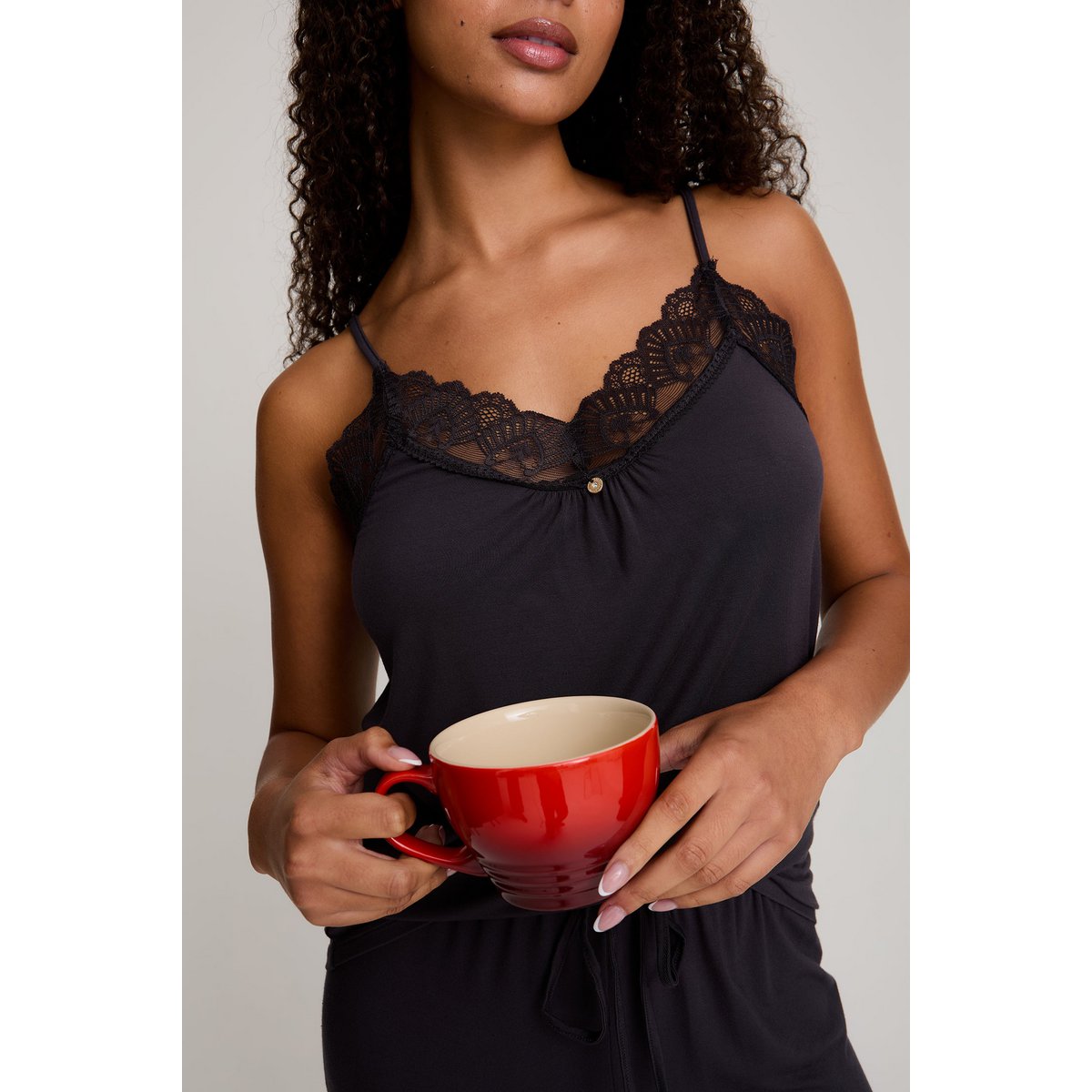 Bamboo Lace Cami Cropped Trouser Pyjama Set in Raven