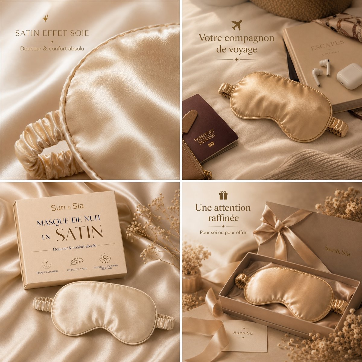 Masque de Nuit Satin Effet Soie Champagne doré