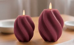 Deep burgundy twisted spiral pillar candles, modern wave design, unscented decorative LED candles.