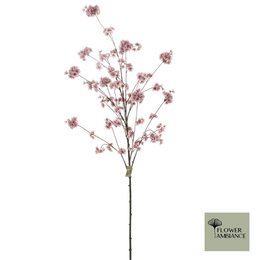 Artificial cherry blossom spray, old pink flowers, tall branch, delicate blooms, botanical decoration.