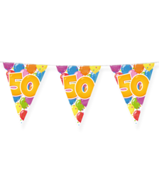 Colorful birthday bunting flags with number 50, festive party decoration with balloons and confetti design.