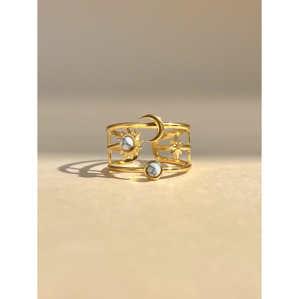 Moon, star and sun adjustable ring with stone