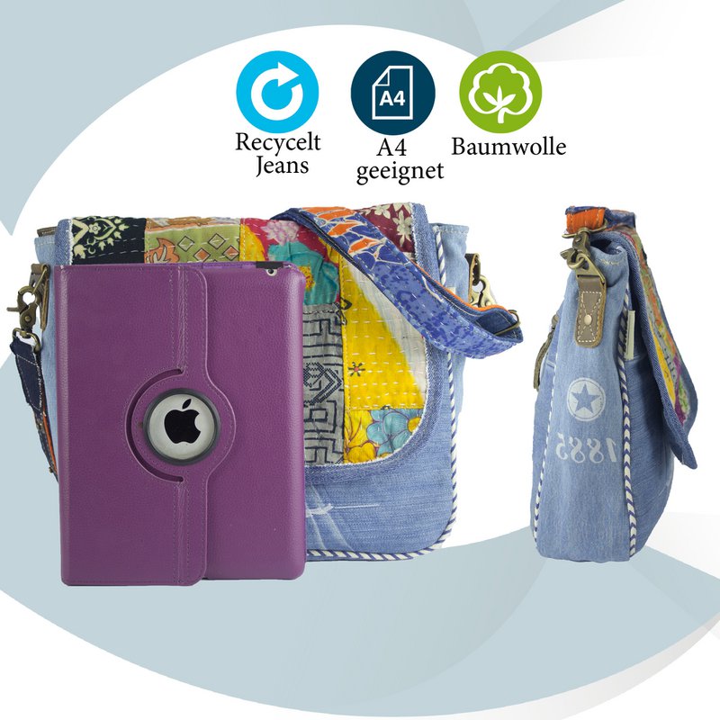Bolso de hombro sostenible de mujer Sunsa. Bolso de hombro hecho de tela de jeans y sari reciclados (lienzo). Bolso estilo retro vintage. Bolso bandolera para mujer.