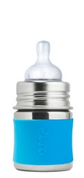 A 150 ml baby bottle with a natural vent nipple and a silicone travel cover. The bottle is made of medical grade silicone and is designed for slow flow feeding.