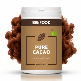 Pure cacao powder, raw organic, brown container, natural superfood supplement.