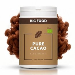 Pure cacao powder, raw organic, brown container, natural superfood supplement.