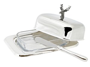 EDZARD botervloot hert 13x18 cm, H 8 cm, glazen inzetstuk, verzilverd, met botermes