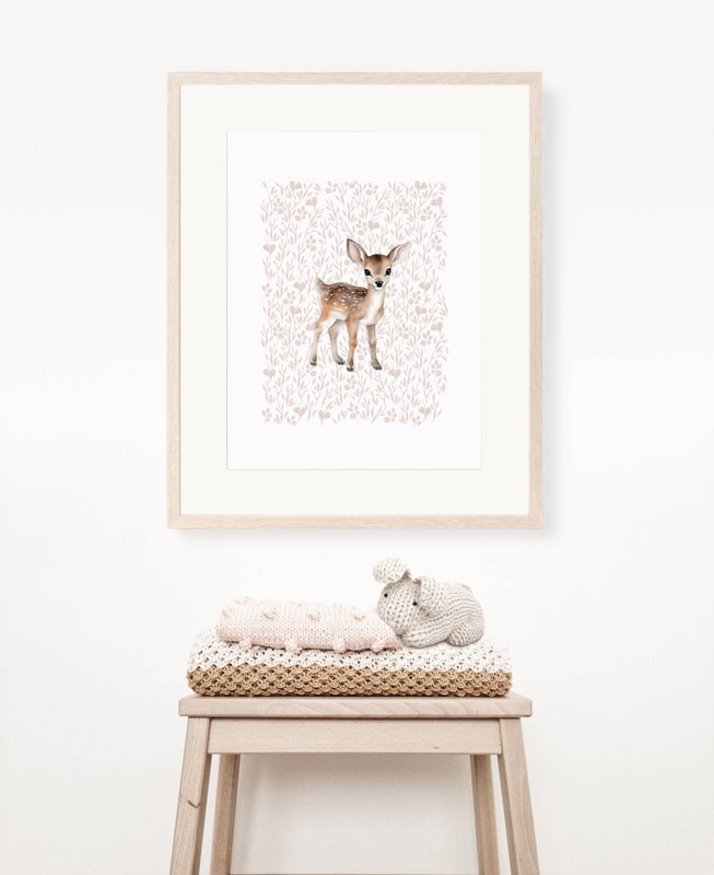 Impression d’art de pépinière de cerfs, affiche de cerfs, affiche de cerfs mignons, affiche de chambre de filles roses, impression boisée, impression de cerfs mignons, impression d’art de pépinière de filles, chambre de filles