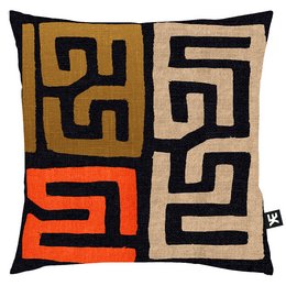 Decorative cushion cover with abstract geometric patterns in shades of orange, black, and beige. Suitable for modern and minimalist home decor.