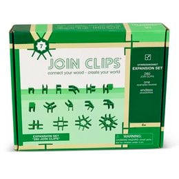  Green plastic construction toy clips in a green and white box. The clips can be used to build various structures.