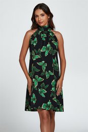Butterfly Print Halter Neck Bind Mini Dress i grøn