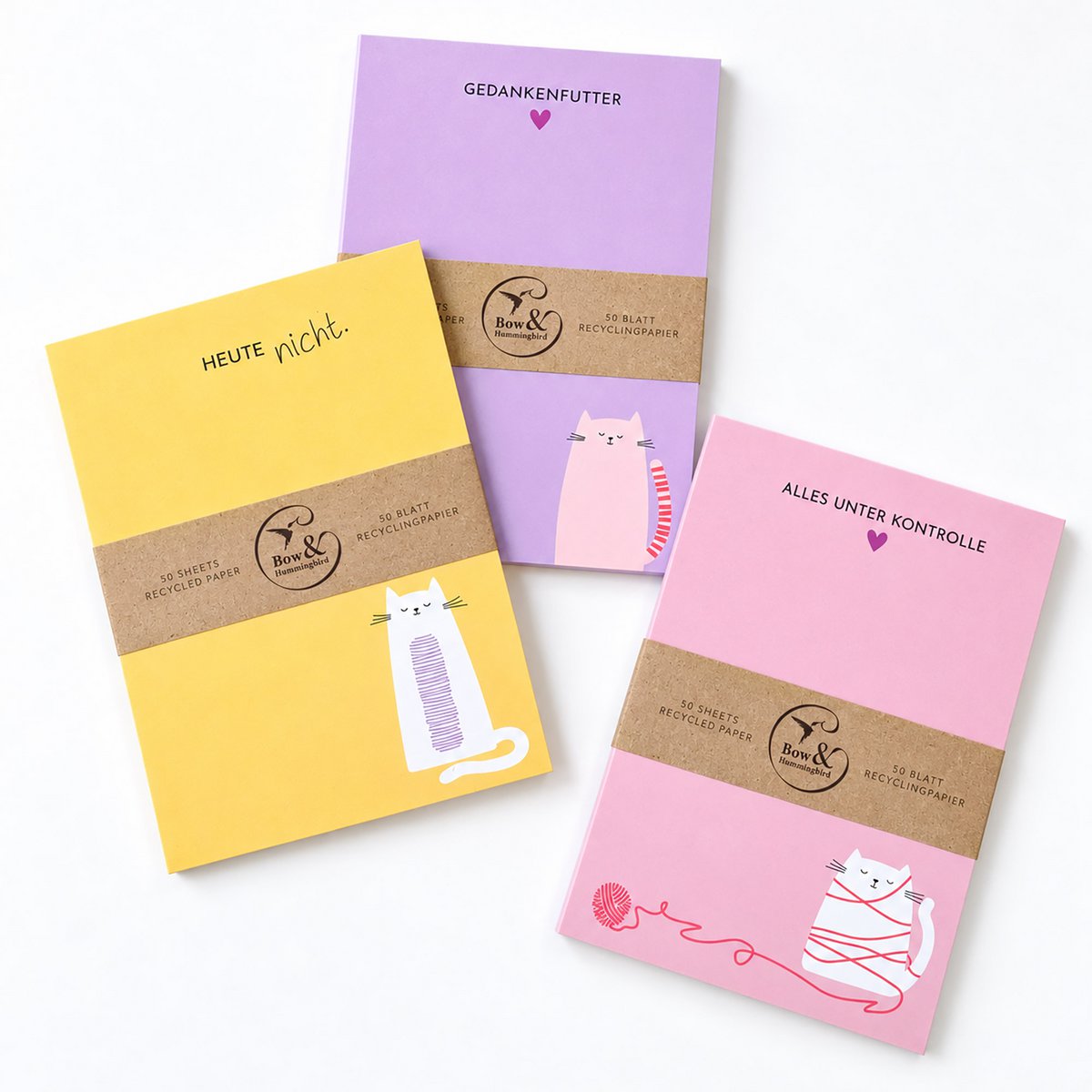 Notizblock A6 Katze „Gedankenfutter“ - Lila Block - 50 Blatt aus Recyclingpapier